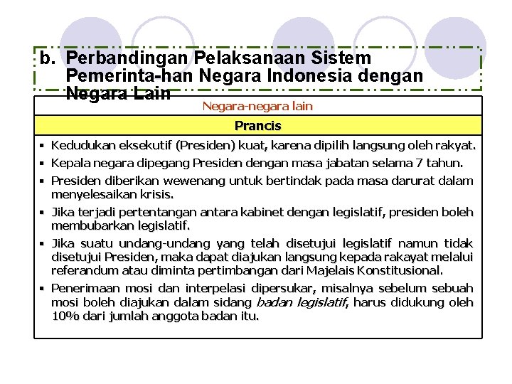 b. Perbandingan Pelaksanaan Sistem Pemerinta-han Negara Indonesia dengan Negara Lain Negara-negara lain Prancis §