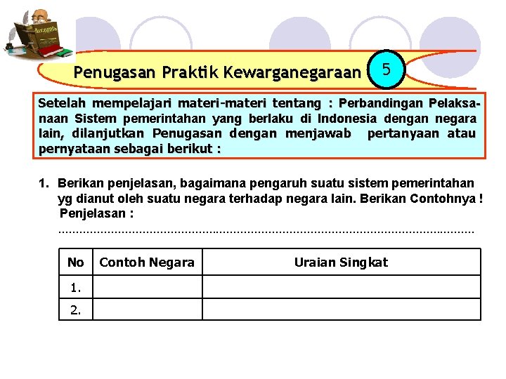 Penugasan Praktik Kewarganegaraan 5 Setelah mempelajari materi-materi tentang : Perbandingan Pelaksanaan Sistem pemerintahan yang