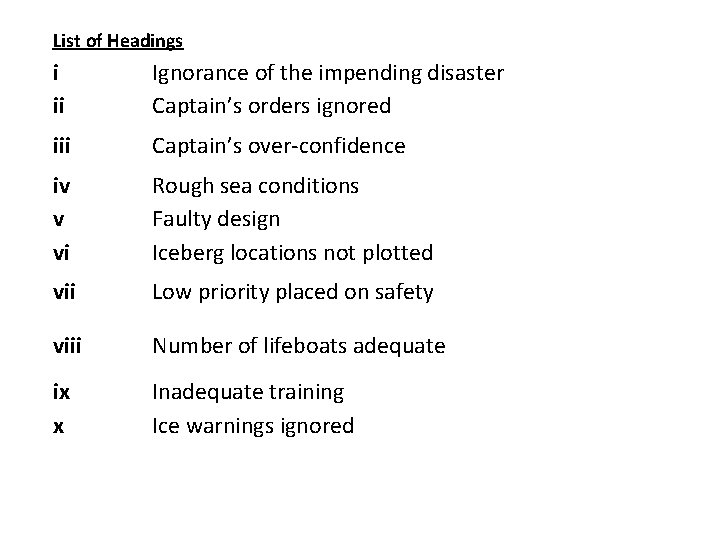 List of Headings i ii Ignorance of the impending disaster Captain’s orders ignored iii