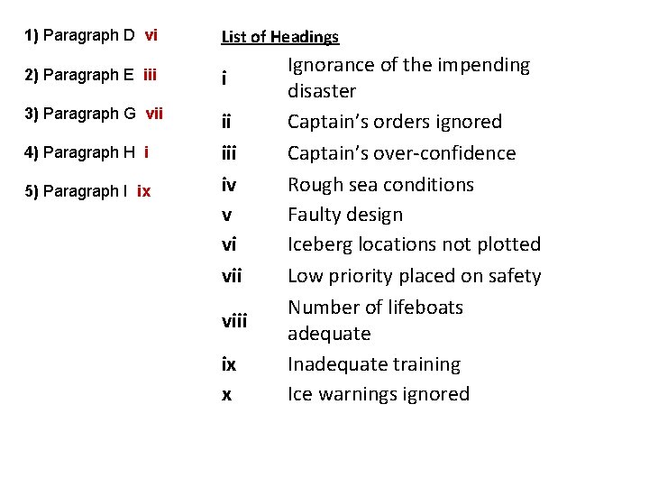 1) Paragraph D vi List of Headings 2) Paragraph E iii i 3) Paragraph
