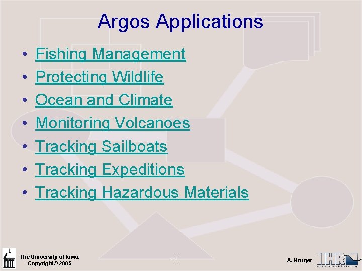 Argos Applications • • Fishing Management Protecting Wildlife Ocean and Climate Monitoring Volcanoes Tracking