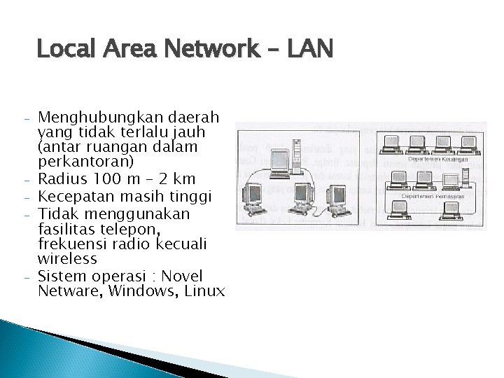 Local Area Network – LAN - - - Menghubungkan daerah yang tidak terlalu jauh