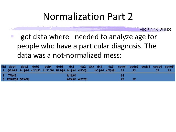 Normalization Part 2 HRP 223 2008 § I got data where I needed to