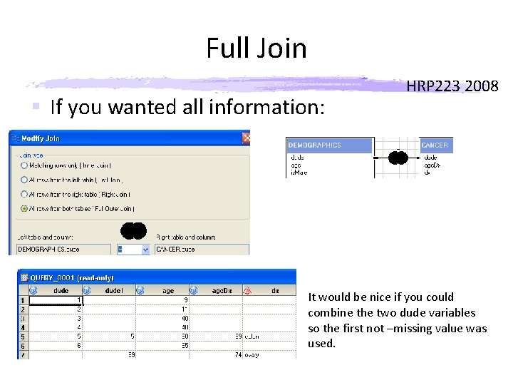 Full Join § If you wanted all information: HRP 223 2008 It would be