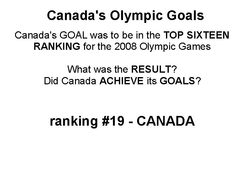 Canada's Olympic Goals Canada's GOAL was to be in the TOP SIXTEEN RANKING for