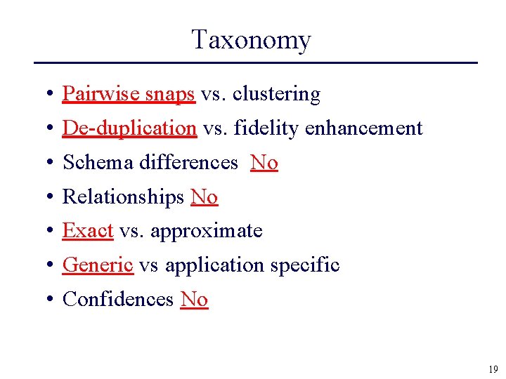 Taxonomy • Pairwise snaps vs. clustering • De-duplication vs. fidelity enhancement • Schema differences