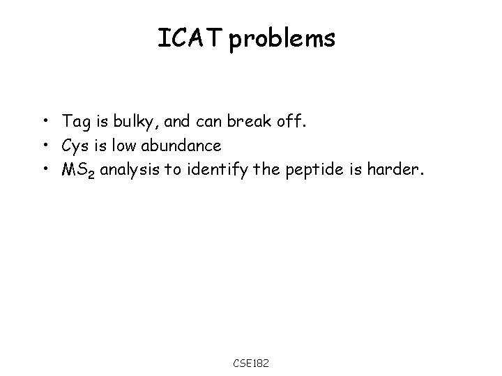 ICAT problems • Tag is bulky, and can break off. • Cys is low
