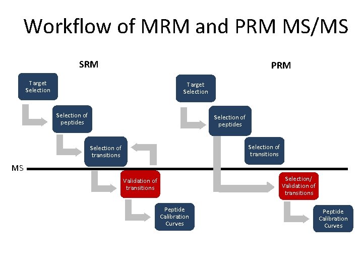 Workflow of MRM and PRM MS/MS SRM PRM Target Selection of peptides Selection of