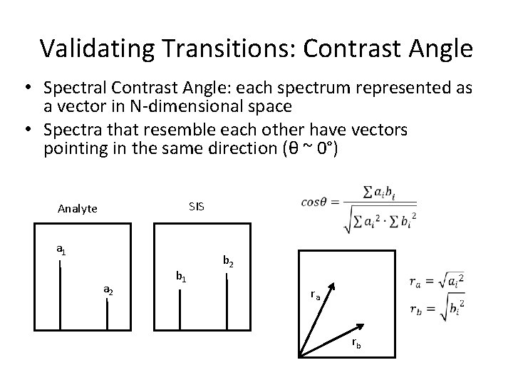 Validating Transitions: Contrast Angle • Spectral Contrast Angle: each spectrum represented as a vector