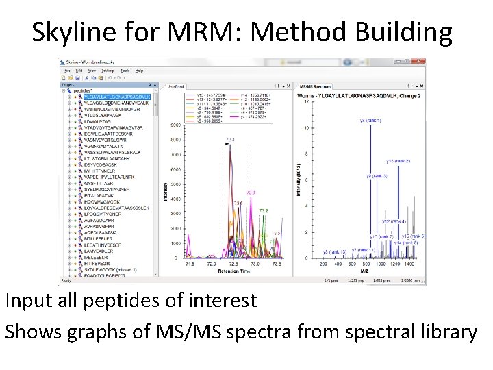Skyline for MRM: Method Building Input all peptides of interest Shows graphs of MS/MS