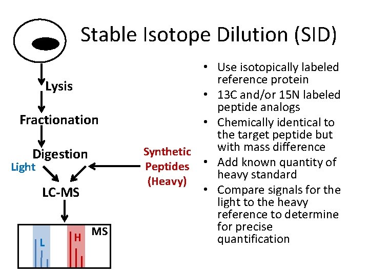 Stable Isotope Dilution (SID) Lysis Fractionation Digestion Light LC-MS L H MS • Use