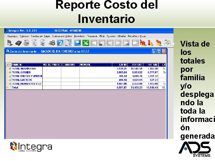 Reporte Costo del Inventario • Vista de los totales por familia y/o desplega ndo