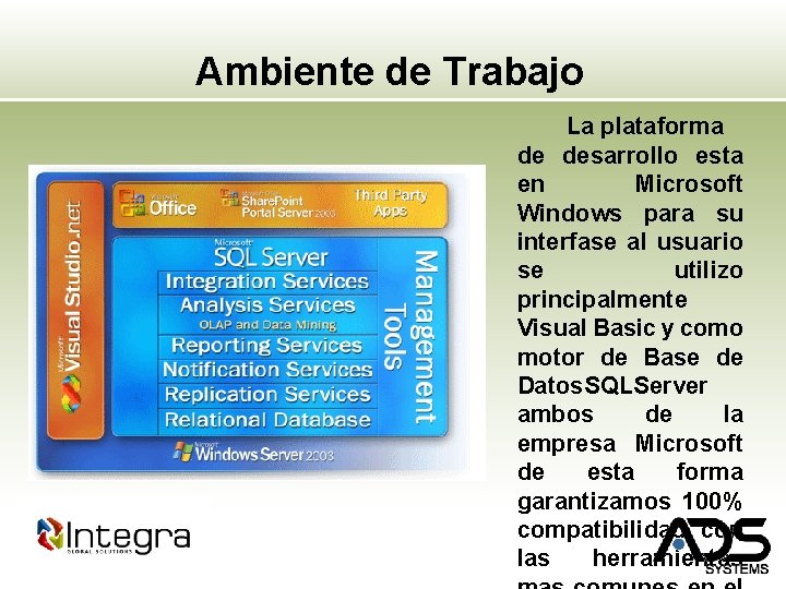 Ambiente de Trabajo La plataforma de desarrollo esta en Microsoft Windows para su interfase