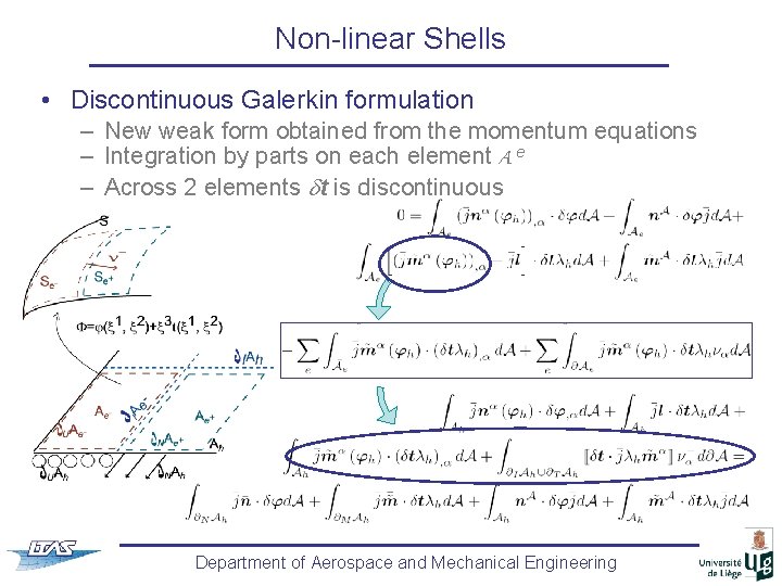 Non-linear Shells • Discontinuous Galerkin formulation – New weak form obtained from the momentum