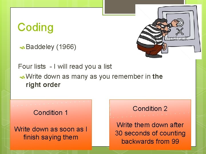 Coding Baddeley (1966) Four lists - I will read you a list Write down