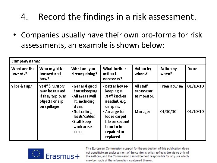 4. Record the findings in a risk assessment. • Companies usually have their own