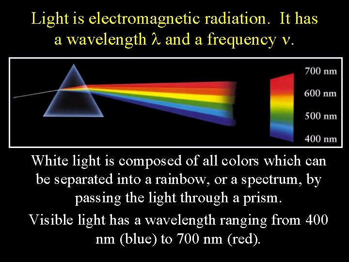 Light is electromagnetic radiation. It has a wavelength l and a frequency n. White