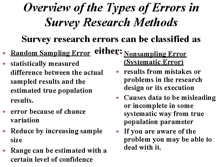 Overview of the Types of Errors in Survey Research Methods w Survey research errors