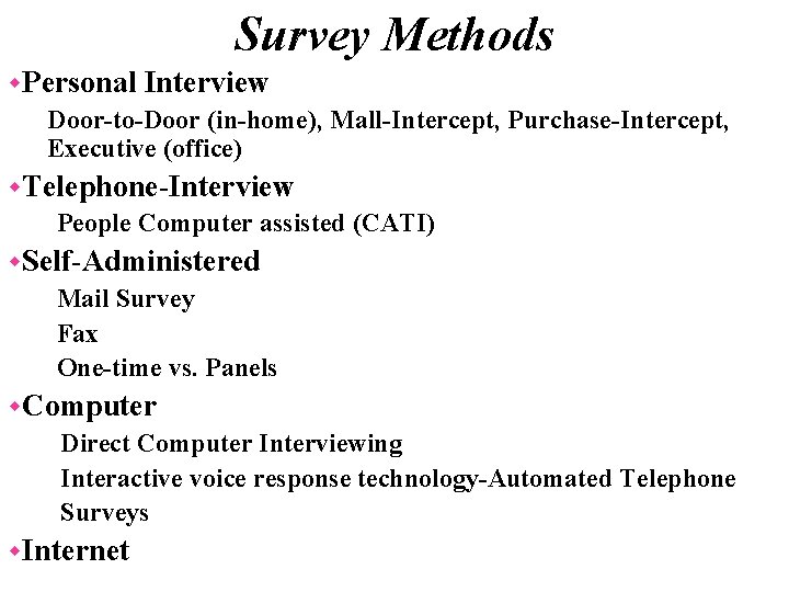 Survey Methods w. Personal Interview Door-to-Door (in-home), Mall-Intercept, Purchase-Intercept, Executive (office) w. Telephone-Interview •