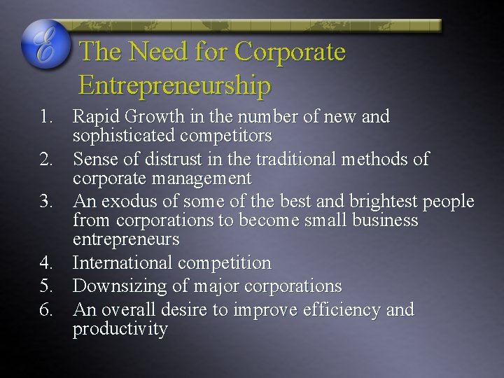 The Need for Corporate Entrepreneurship 1. Rapid Growth in the number of new and