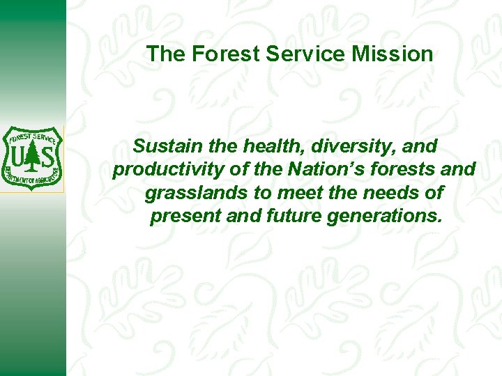 The Forest Service Mission Sustain the health, diversity, and productivity of the Nation’s forests