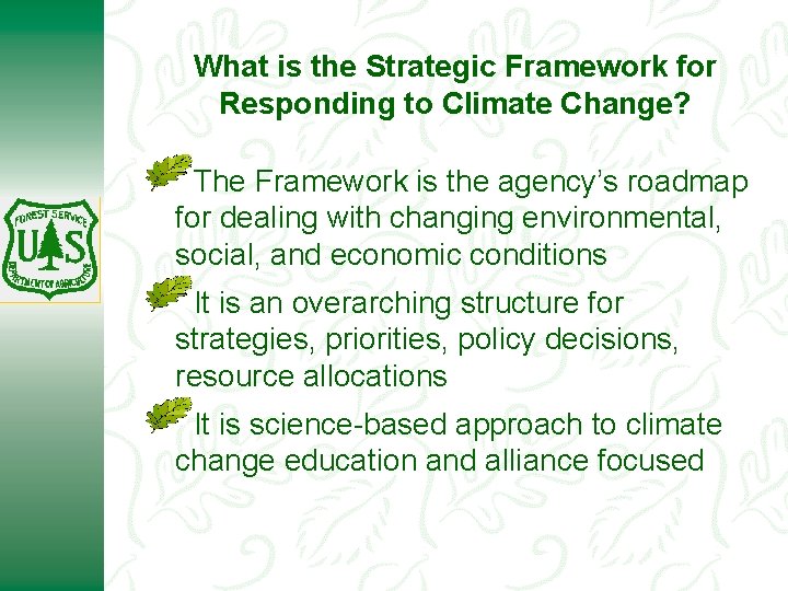 What is the Strategic Framework for Responding to Climate Change? The Framework is the