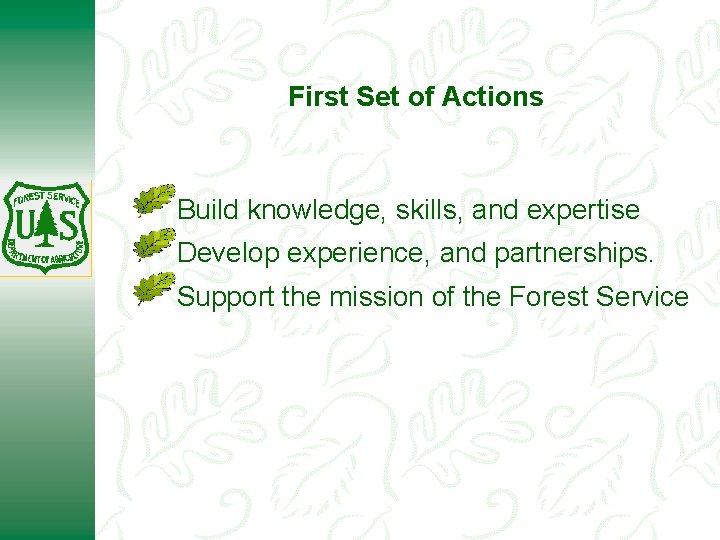 First Set of Actions Build knowledge, skills, and expertise Develop experience, and partnerships. Support