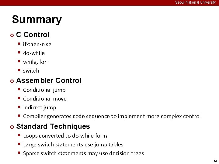 Seoul National University Summary ¢ C Control § § ¢ Assembler Control § §