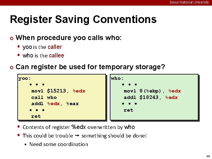 Seoul National University Register Saving Conventions ¢ When procedure yoo calls who: § yoo