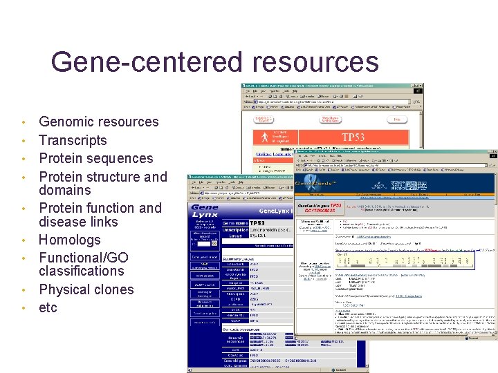 Gene-centered resources • • • Genomic resources Transcripts Protein sequences Protein structure and domains