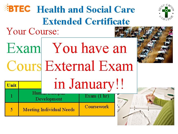 Health and Social Care Extended Certificate Your Course: Exam: 50% You have an Coursework: