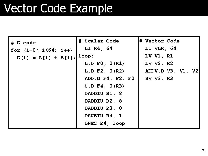 Vector Code Example # Vector Code # Scalar Code # C code LI VLR,