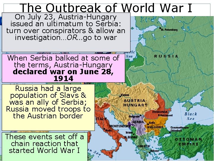 The Outbreak of World War I On July 23, Austria-Hungary issued an ultimatum to