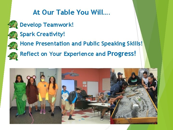 At Our Table You Will…. Develop Teamwork! Spark Creativity! Hone Presentation and Public Speaking