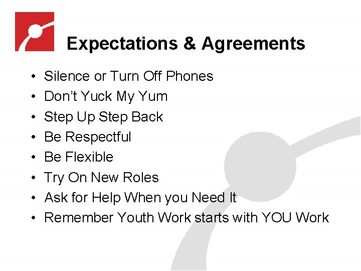 Expectations & Agreements • • Silence or Turn Off Phones Don’t Yuck My Yum