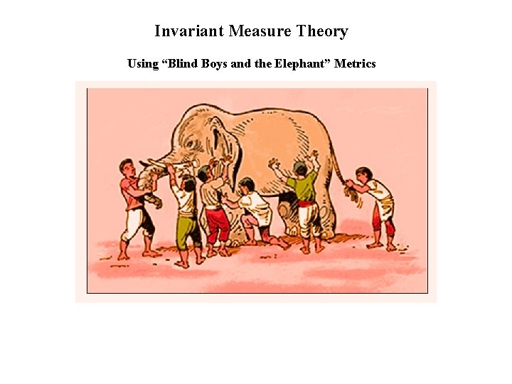 Invariant Measure Theory Using “Blind Boys and the Elephant” Metrics 