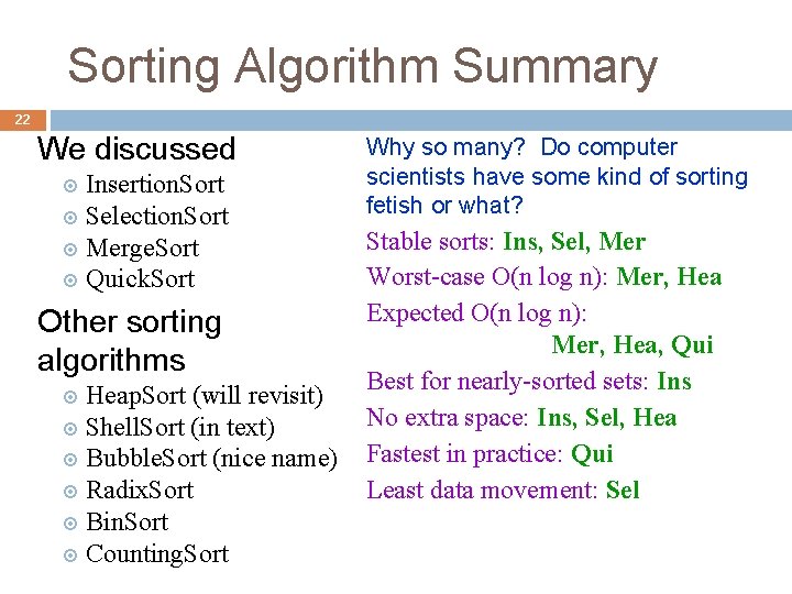 Sorting Algorithm Summary 22 We discussed Insertion. Sort Selection. Sort Merge. Sort Quick. Sort