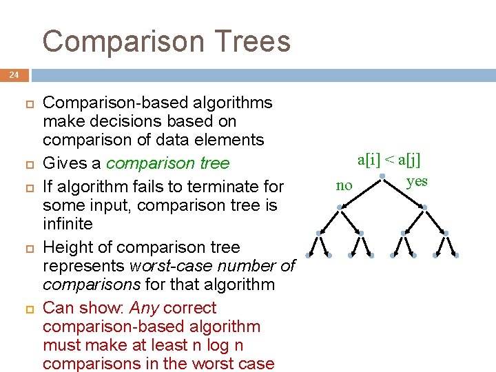 Comparison Trees 24 Comparison-based algorithms make decisions based on comparison of data elements Gives