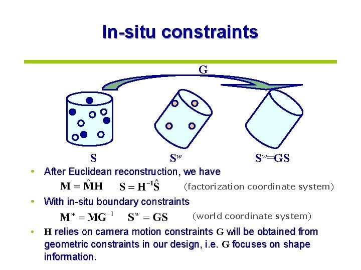 In-situ constraints G S Sw Sw=GS • After Euclidean reconstruction, we have (factorization coordinate