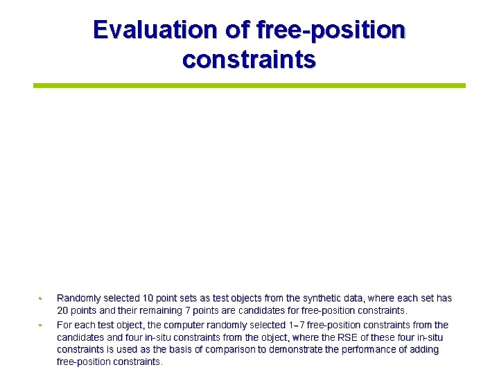 Evaluation of free-position constraints • • Randomly selected 10 point sets as test objects