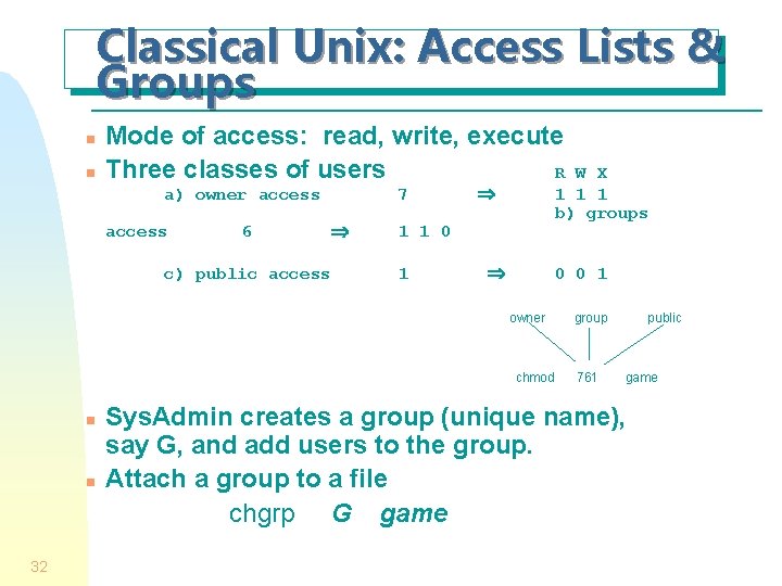 Classical Unix: Access Lists & Groups n n Mode of access: read, write, execute Classical Unix: Access Lists & Groups n n Mode of access: read, write, execute