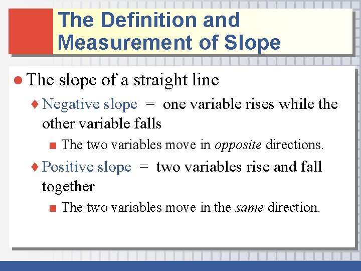 The Definition and Measurement of Slope ● The slope of a straight line ♦ The Definition and Measurement of Slope ● The slope of a straight line ♦