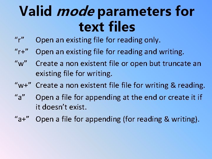 Valid mode parameters for text files “r” Open an existing file for reading only.
