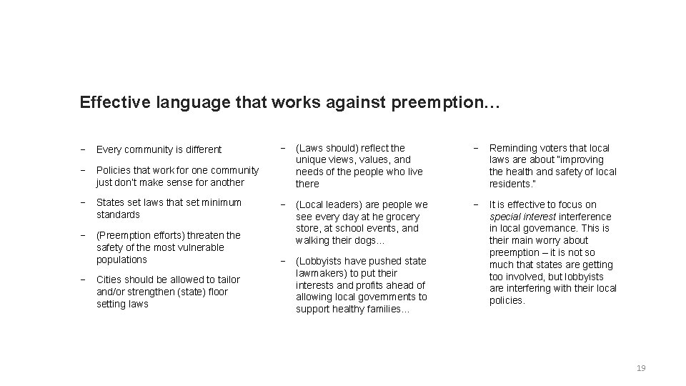 Effective language that works against preemption… − Every community is different − Policies that