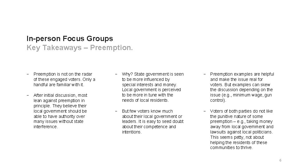 In-person Focus Groups Key Takeaways – Preemption. − Preemption is not on the radar