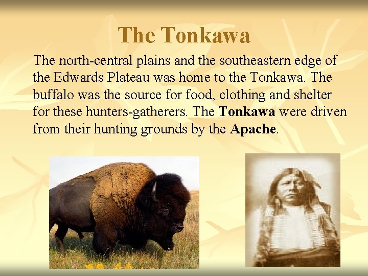 The Tonkawa The north-central plains and the southeastern edge of the Edwards Plateau was