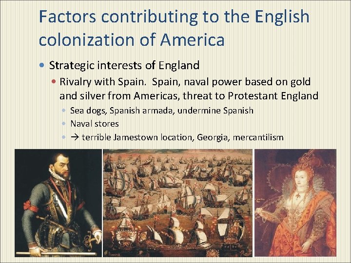 Factors contributing to the English colonization of America Strategic interests of England Rivalry with