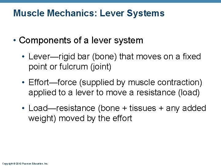 Muscle Mechanics: Lever Systems • Components of a lever system • Lever—rigid bar (bone)