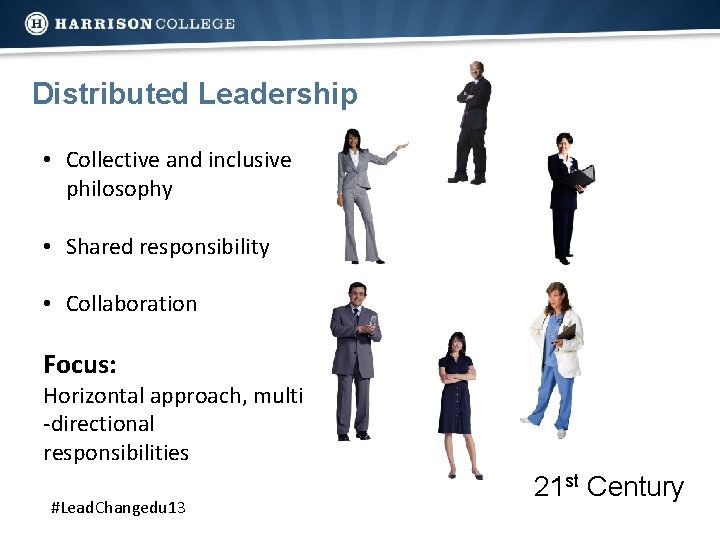 Distributed Leadership • Collective and inclusive philosophy • Shared responsibility • Collaboration Focus: Horizontal