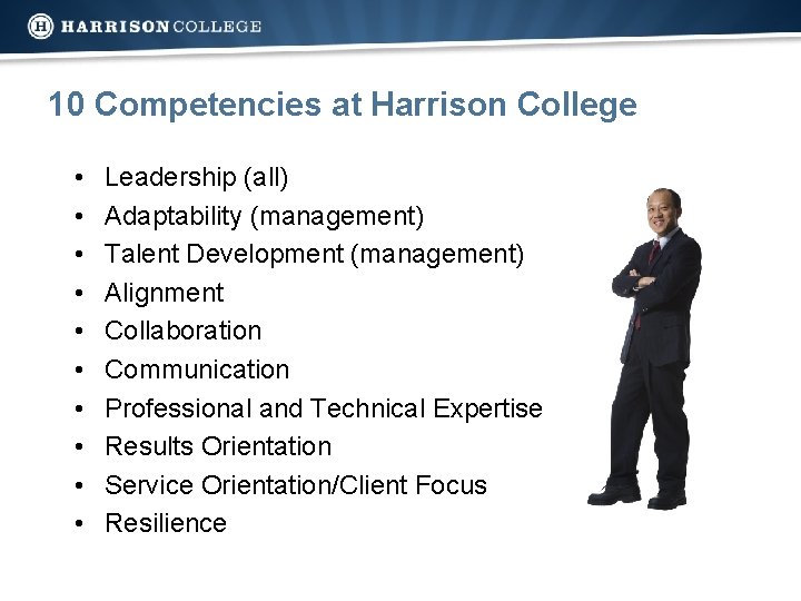 10 Competencies at Harrison College • • • Leadership (all) Adaptability (management) Talent Development